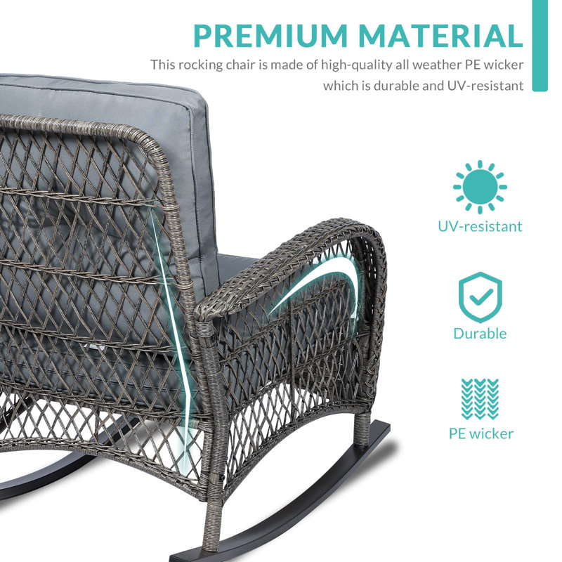 Gray Wicker Rocking Chair Set with Cushions and Glass-top Table