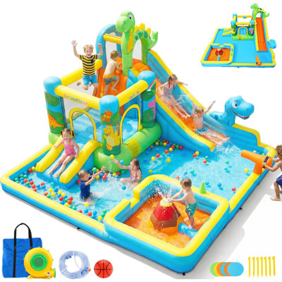 Adam 13.1' X 12.9' 11-In-1 Dinosaur Inflatable Water Slide W/ 2 Slides, Pool, Ball Pit, Climbing Wall, Water Blaster, Sprinklers, Basketball Hoop, Wet/Dry, 550W Blower, 3–5 Kids, 300 Lb Capacity