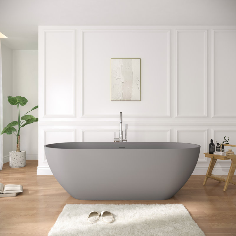 Baignoire autoportante de 160 cm (63 po) – Baignoire autoportante en surface solide avec trop-plein et bonde clic-clac assortie, gris mat, pour salle de bain