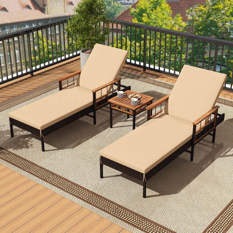 2 PCS Patio Rattan Chaise Lounge Outdoor Reclining Lounger Chair with Wood Armrests, 2