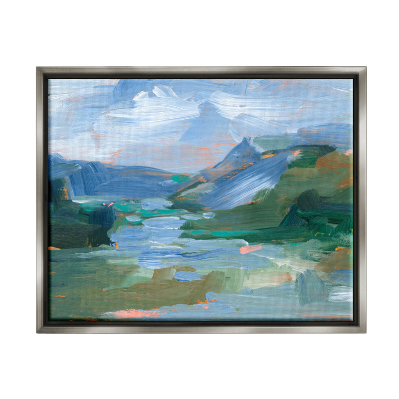 «River Through Mountains Abstract Scene», art mural encadré sur toile flottante par Ethan Harper, Cadre flottant gris lustré