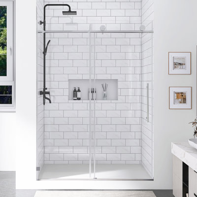 49-54 In. W × 76 In. H Frameless One Fixed And One Shifted Shower Door  In Brushed Nickel | 5/16" 8MM Tempered Glass  With Stick Explosion-Proof Menbrance |  70MM 304 Stainless Steel Large Pulleys With Adjustable Soft Closing Function