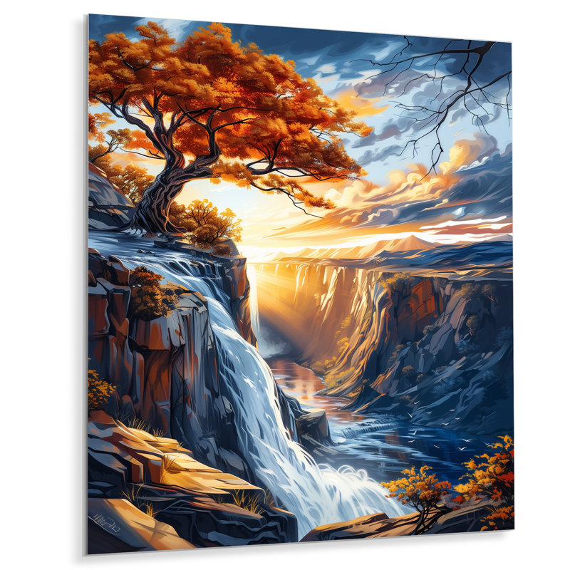 Une belle chute d'eau et un coucher de soleil II - salon d'art mural africain, Métal métal, H 40 po x l 30 po x P 1,5 po