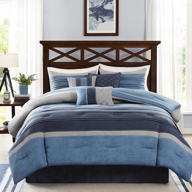 Couette 7 pièces bleu marine - Taille Queen, en microsuède avec détails, collection 7 pièces, 2 oreillers inclus