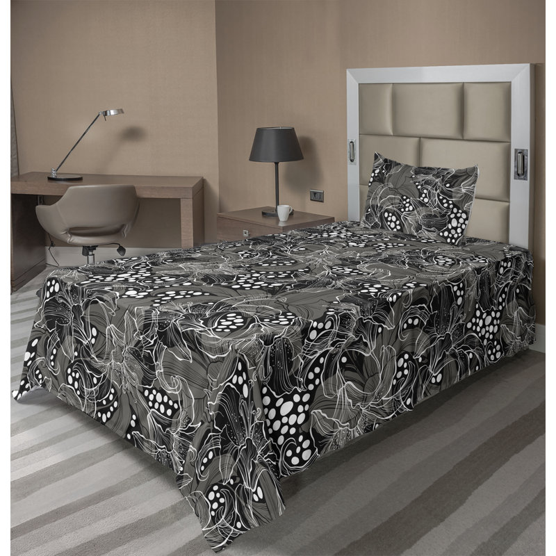 Ambesonne Watercolor Botany Sheet Set 4 Pcs Retro Boho Bloom, Pale Gray Charcoal Gray Floral