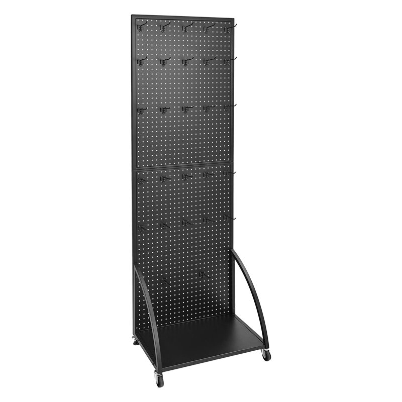 Présentoir à panneaux perforés sur pied avec plaque de base, 60,2 x 167,6 cm, avec roulettes et 30 crochets, panneau en acier laminé à froid épais, pour magasins et bijouteries, noir