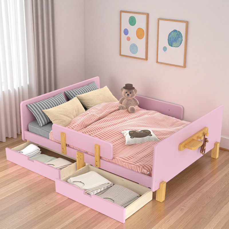 Lit plateforme avec tiroirs de rangement, garde-corps, petite tablette et crochets, Lit double, Rose