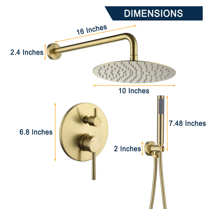 Brushed Gold Wall Mounted Rain Shower System with Handheld