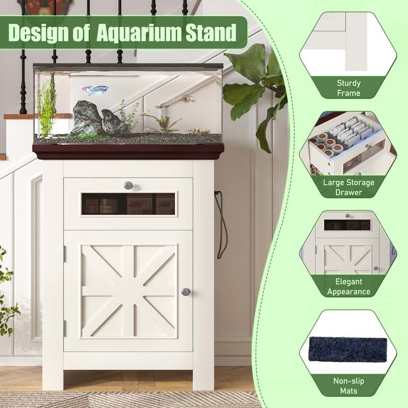 Stand Support d'aquarium 10-15 gallons Table - Table d'aquarium avec prises de courant, capacité de 198 lb, armoire de rangement et tiroir pour terrarium pour reptiles