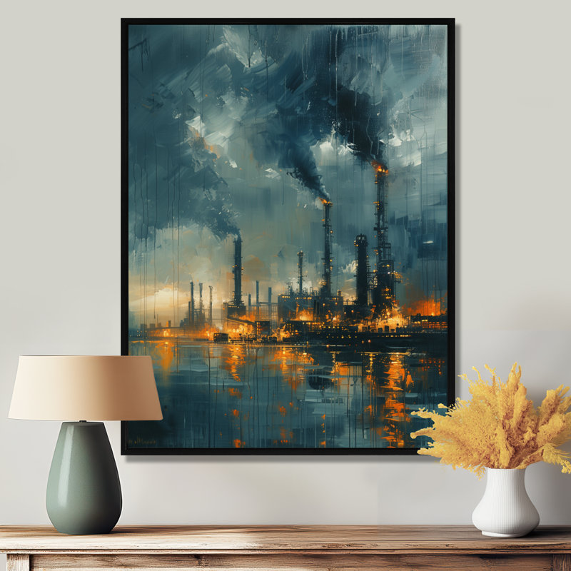 Bleu, bleu, usines, paysage industriel I - usines, décoration murale, Toile avec cadre flottant noir