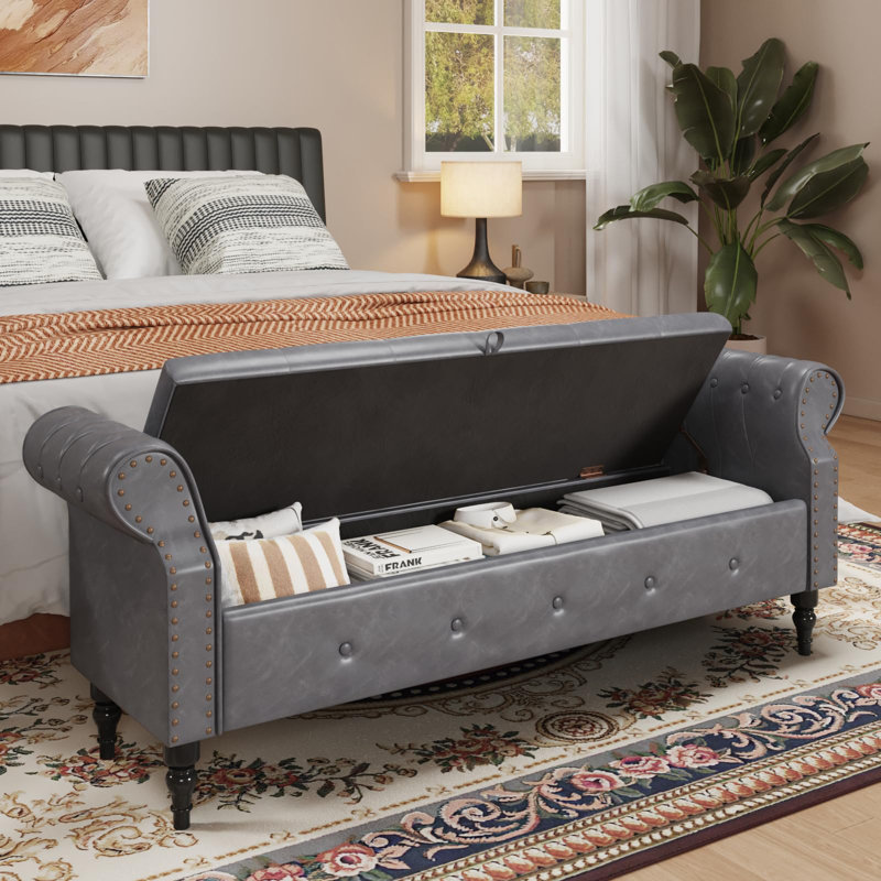 Banc de chambre 65 "avec rangement, bancs de lit en similicuir avec boutons capitonnés, Gris