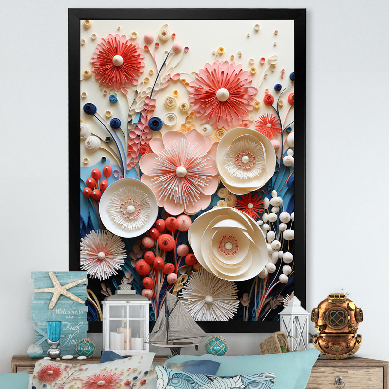 Fleurs de corail abstraites rouges et blanches - reproduction sur toile, H 20 po x l 12 po x P 1 po, Cadre simple noir