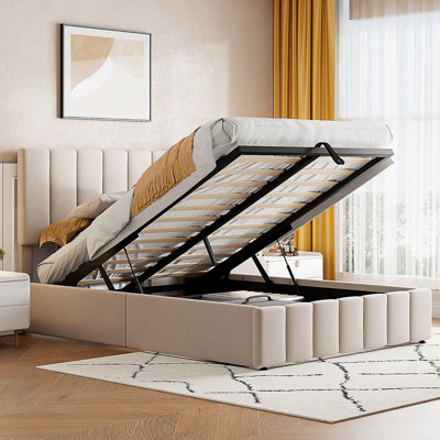 Lit plateforme tapissier avec système de rangement hydraulique - Beige (OLD SKU: LP000111AAA)