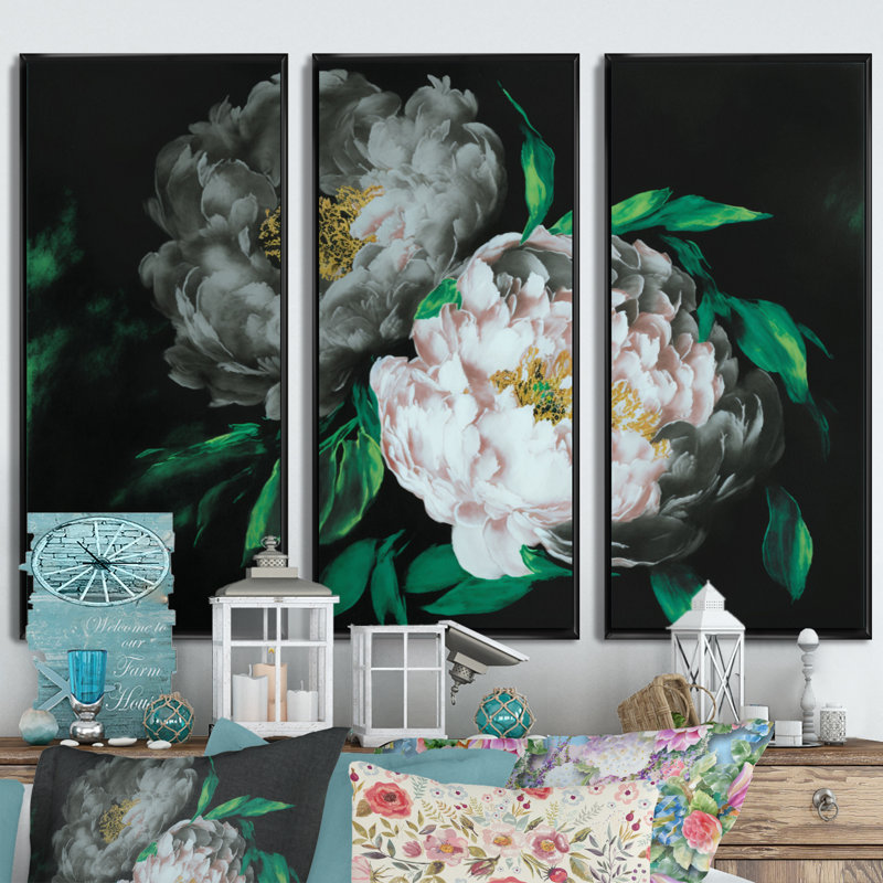 «White Blossoming Peony on Black I», reproduction de cadre flottant sur toile 3 pièces, H 28 po x l 36 po x P 1 po