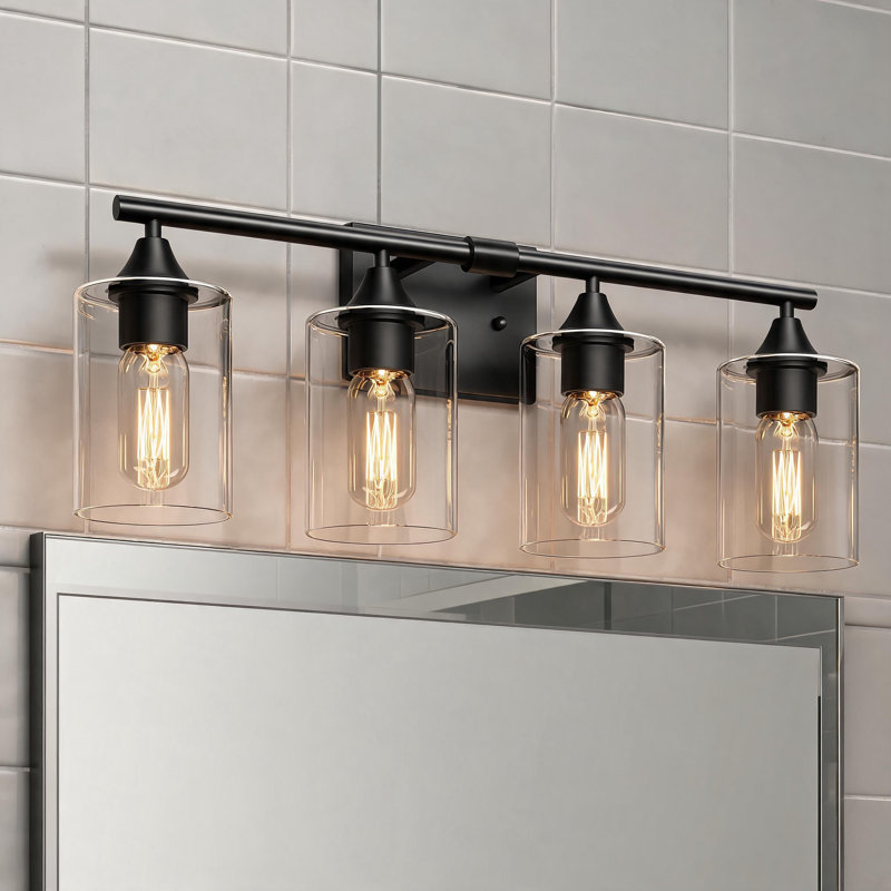 Éclairage pour salle de bain 4 lumières cylindriques en verre transparent noir mat, 4-Light
