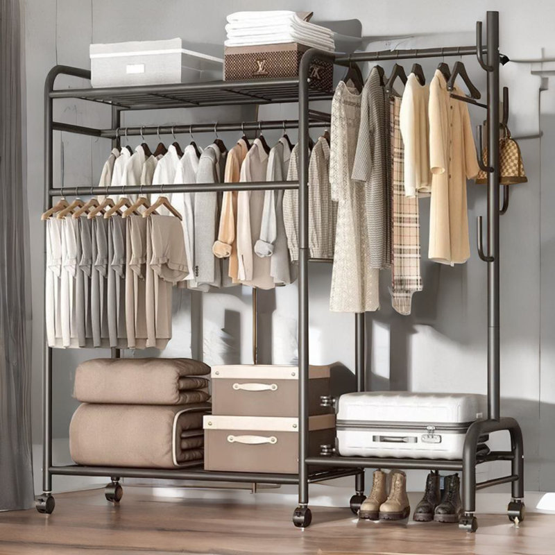Anbar Heavy Duty Metal Clothes Rail Open Wardrobe With Storage Shelves