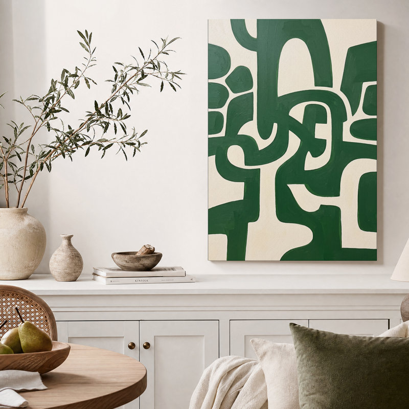 Formes abstraites vert foncé sur fond crème, tableau sur toile, H 30 po x l 20 po