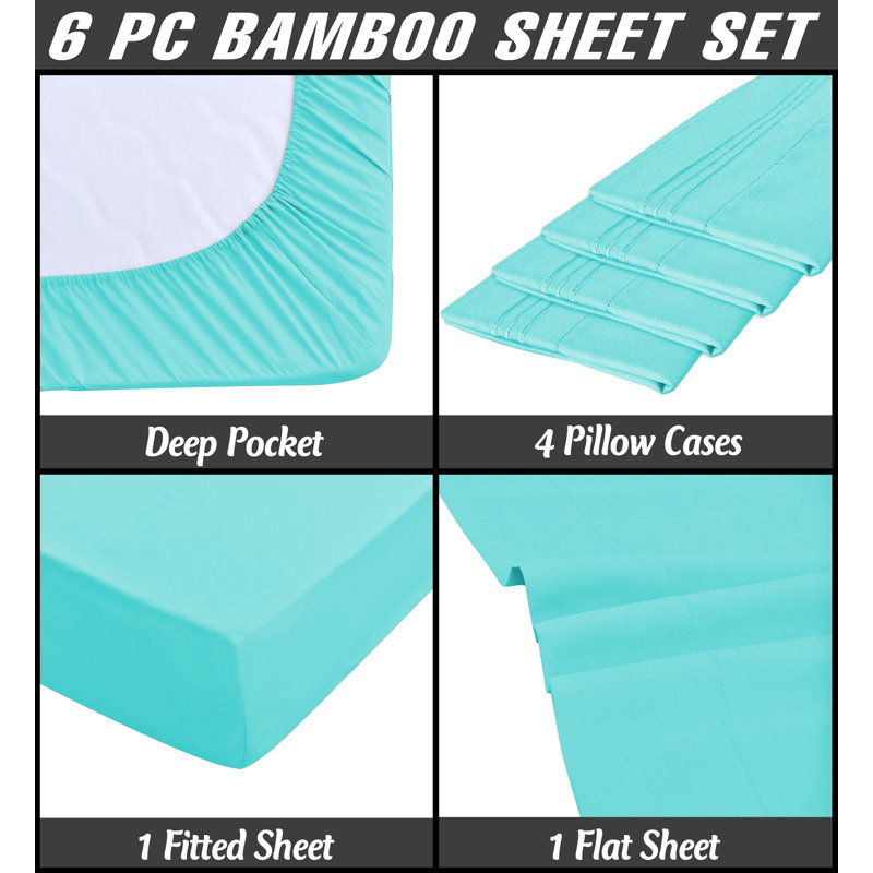 Premium Rayon From Bamboo 6 Pc Sheet Set With Deep Pockets, Cooling, Aqua, Split King Sheet Set with 4 Pillowcases