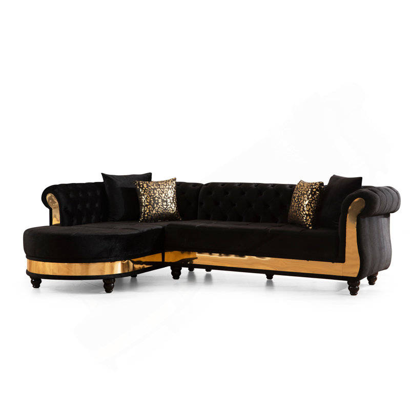 Canapé modulaire or capitonné avec revêtement en bois noir, Noir