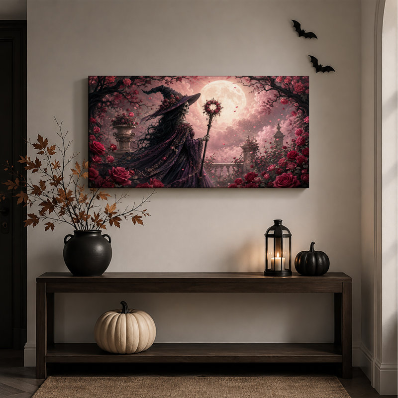 Sorcière squelette en robe violette, jardin de roses sous une toile murale d'Halloween, L 32 po x H 16 po