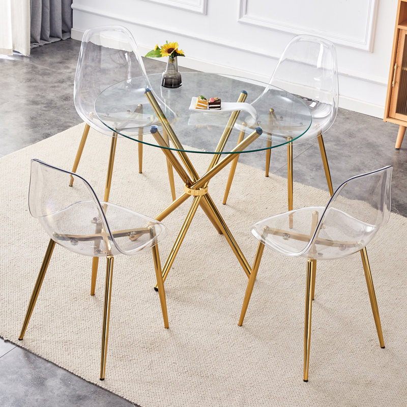 Ensemble de table de salle à manger ronde en verre avec 4 chaises transparentes, Doré