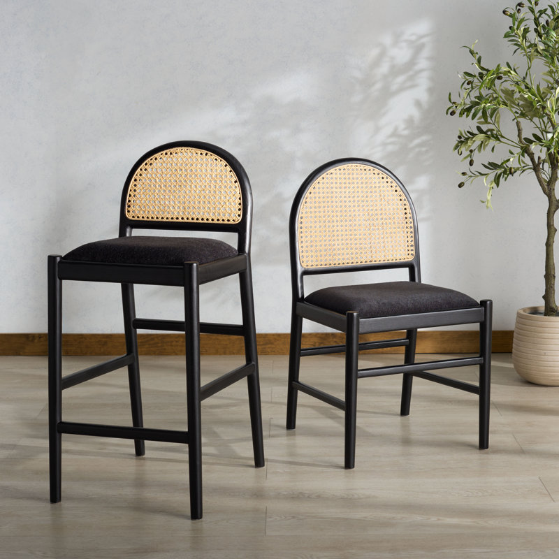 Laylie Rattan And Leather Counter Stool, Black/Boucle