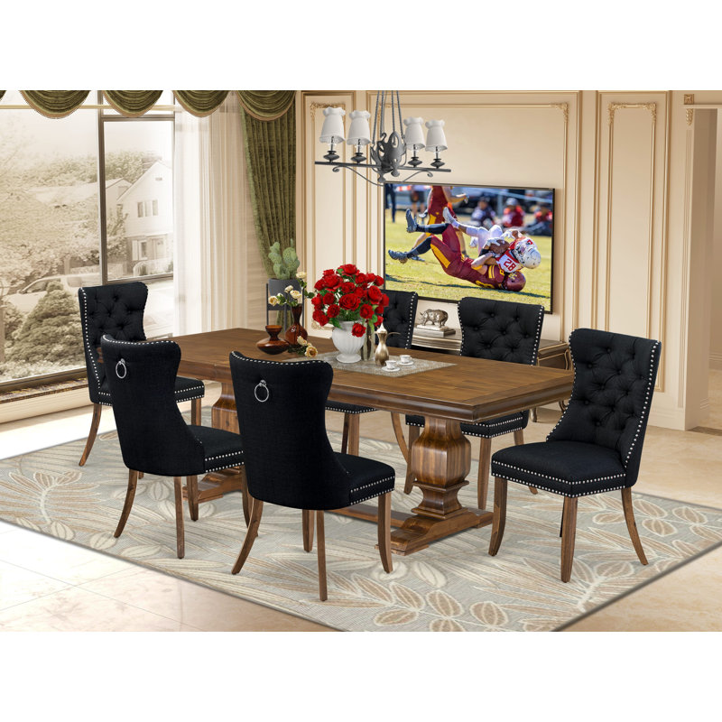 7 Pieces Dining Set Contains a Rectangle Kitchen Table and 6 Black Polyester fabric Modern Chairs, Antique Walnut