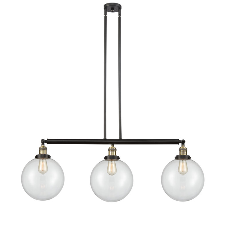 Luminaire suspendu linéaire à 3 lumières pour îlot de cuisine Lehmann, Transparent, DEL, Laiton antique noir