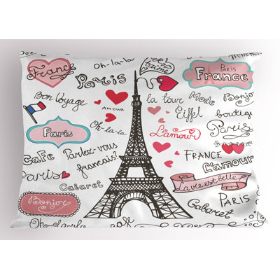 Ambesonne Eiffel Tower Pillow Sham 2 Pack Paris Letter Heart Black White Pink -  pil-2_11324_26x20