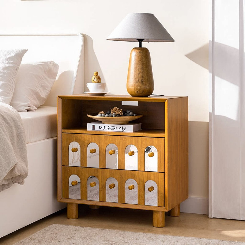 26.7" Modern Nightstand with Mirrored Drawer Fronts, Built-In Charging Station, 2 USB Ports & 2 AC Outlets, Beige