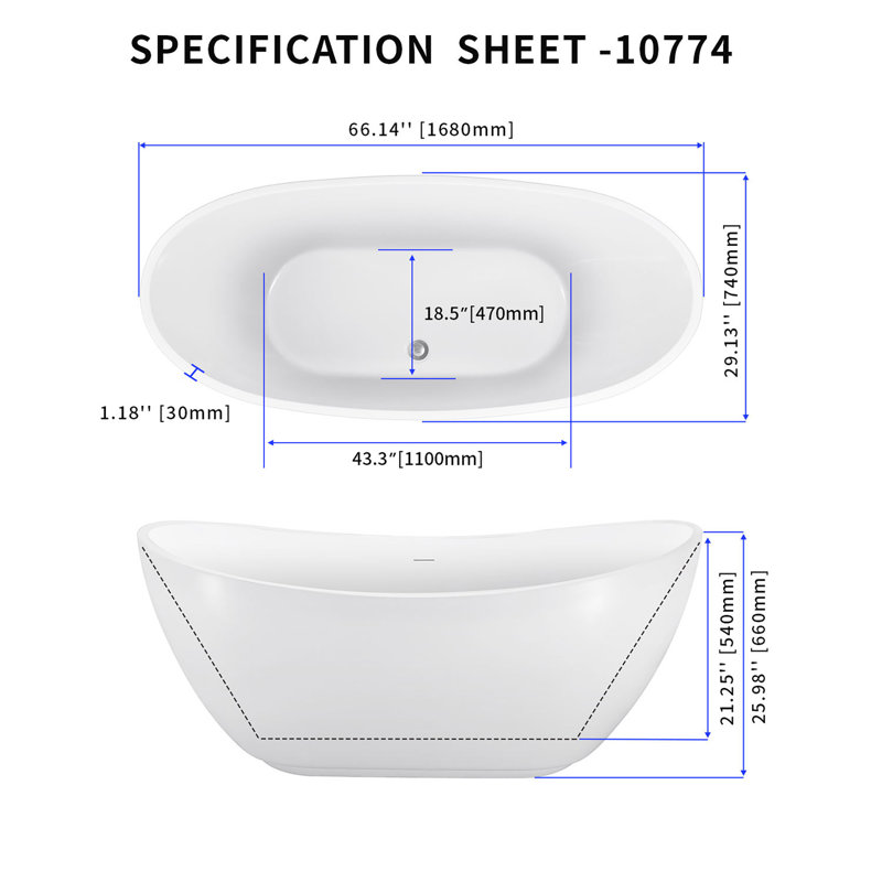 67'' x 28'' Freestanding Soaking Acrylic Bathtub