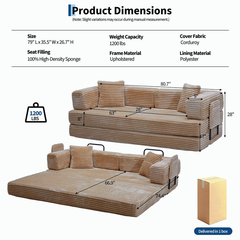 Canapé-lit 80,7 po en velours côtelé avec rangement, causeuse convertible pour petits espaces, Beige