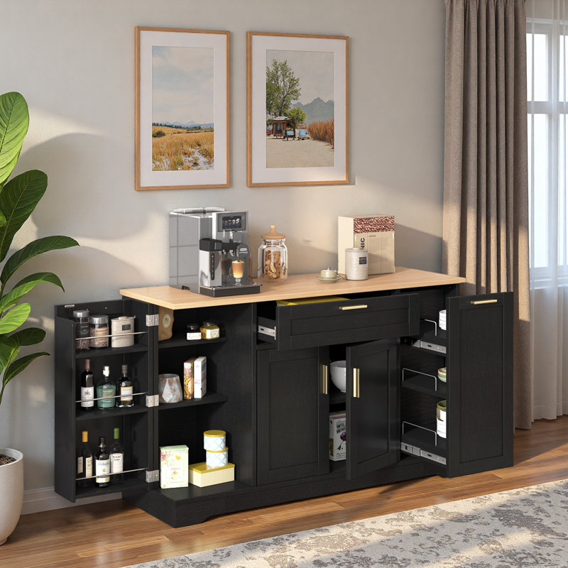 Multi-functional Storage Sideboard With Adjustable Shelves, 3-tier Pull-out Rack, Drawer And Door Storage Racks, Black