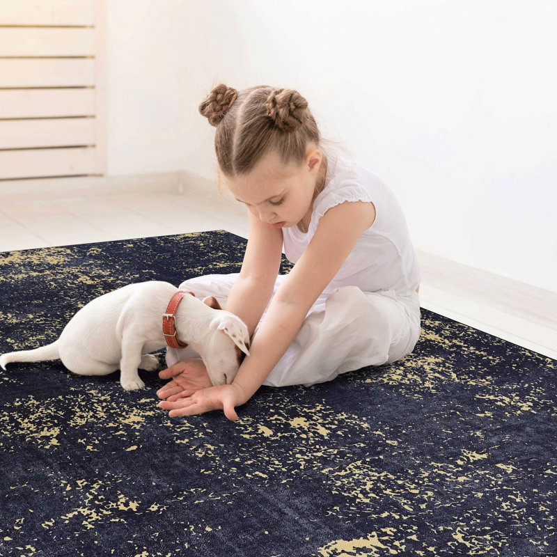 Area Rug For Living Room - Washable, Non-Shedding, Stain  Black + Gold, 2'6'' X 10' Machine Washable Room, Hallway