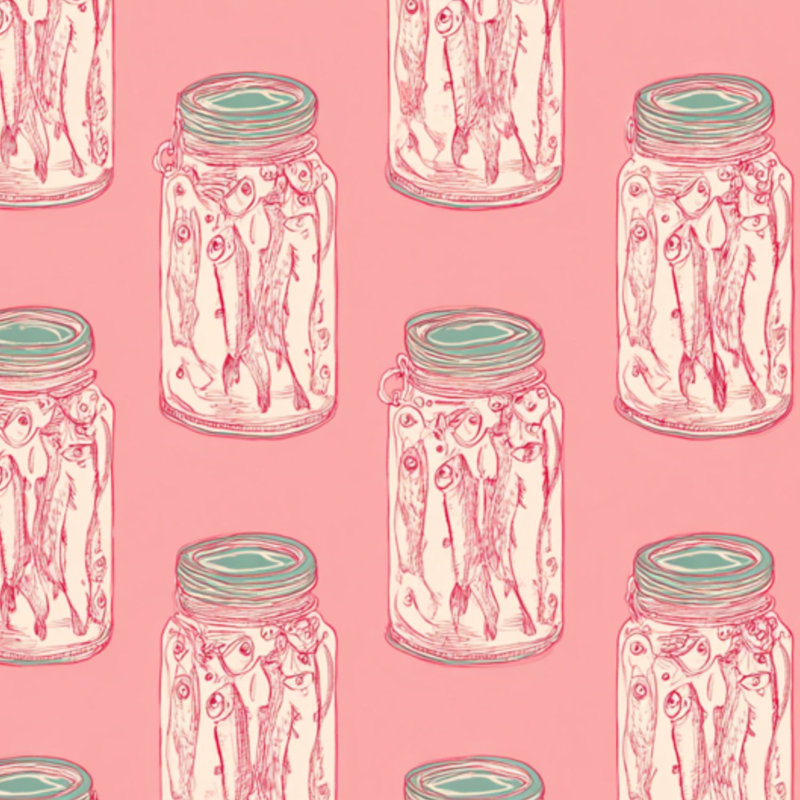 Papier peint à peler et coller avec pot de poisson rétro et sardines dessinés à la main rose doux, L 24 po x L 118 po