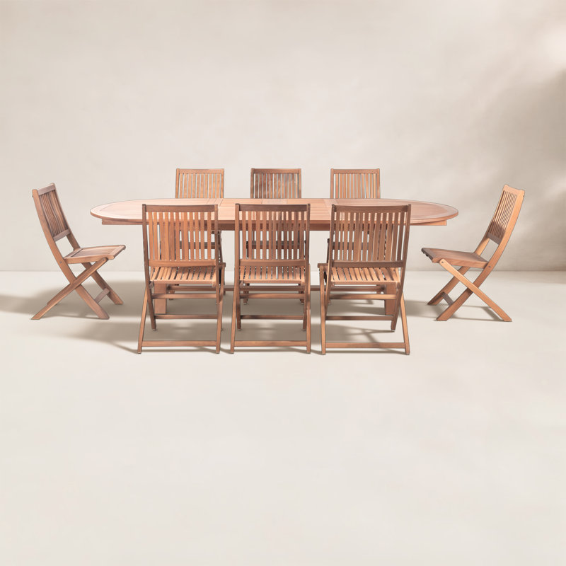 9-piece Extendable Solid Eucalyptus Wood Patio Dining Set With Folding Chairs