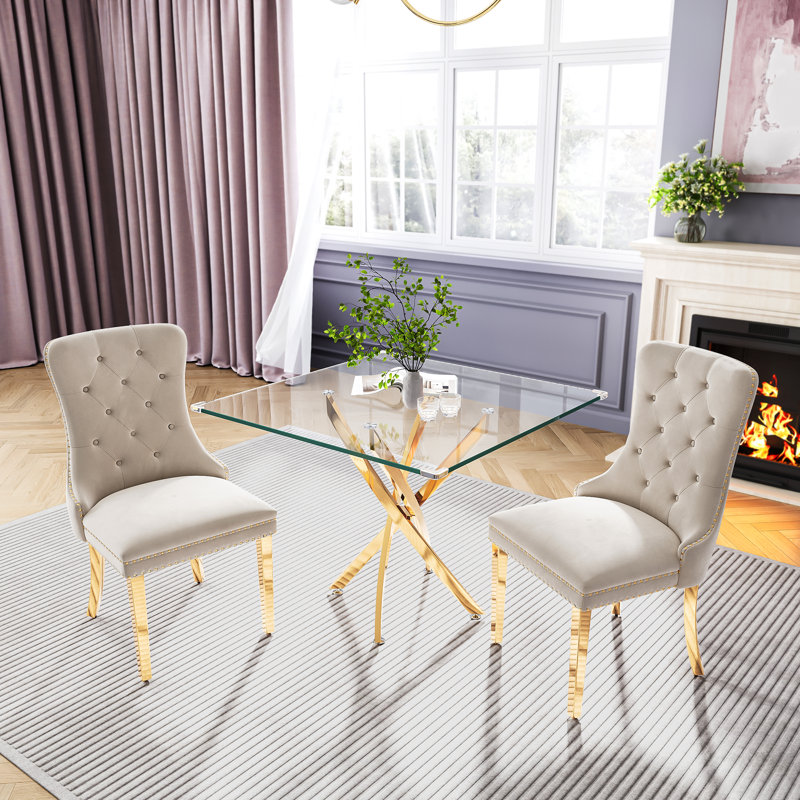 Dining Set, 3 Pieces: Table, 2 Chairs, White/Gold, Gold