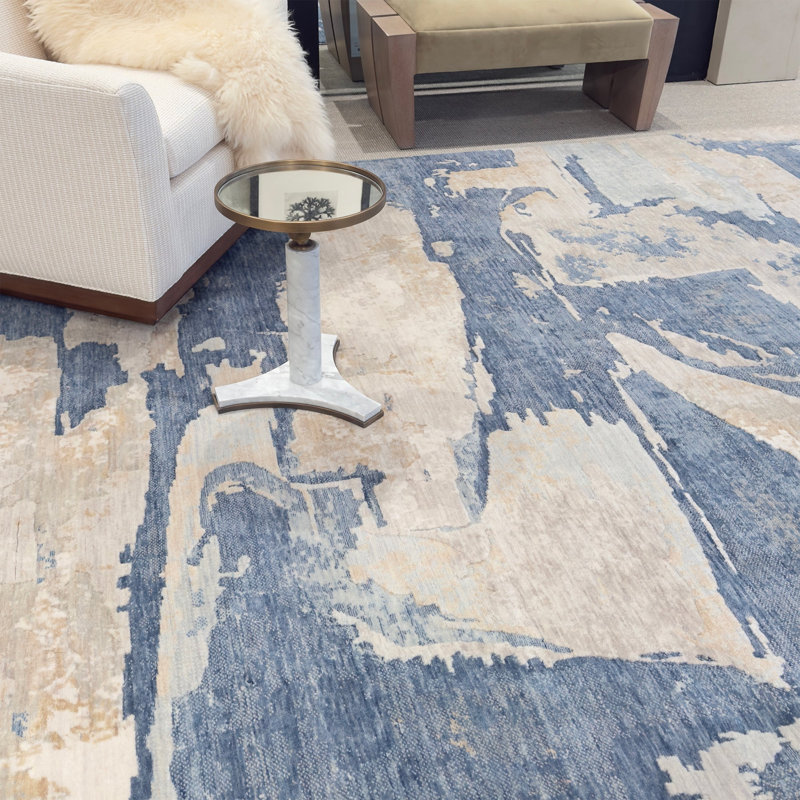 Tapis d'intérieur abstrait tissé à la machine en laine de Nouvelle-Zélande et nylon Enchanted, Bleu mer