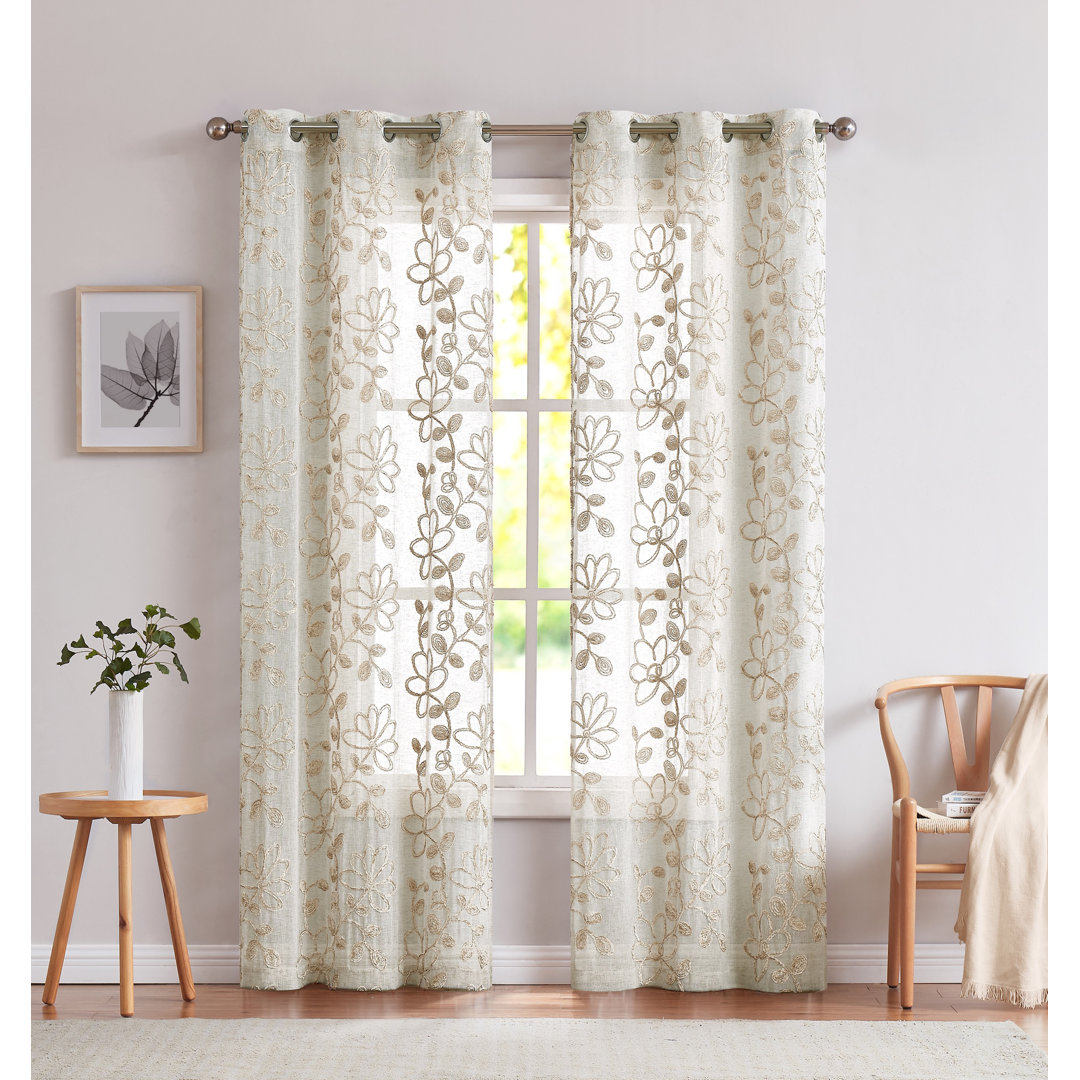 Carcassonne Embroidered Sheer Curtains for Bedroom Room Decor Floral Linen Curtains Grommet Set of 2 Panels Lark Manor™ Curtain