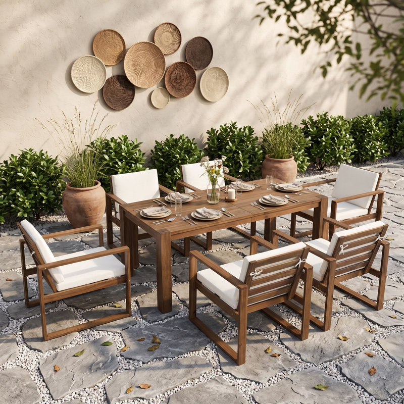 Ensemble repas d'extérieur 7 pièces en bois d'acacia avec coussins, trou pour parasol pour jardin et piscine, Moka