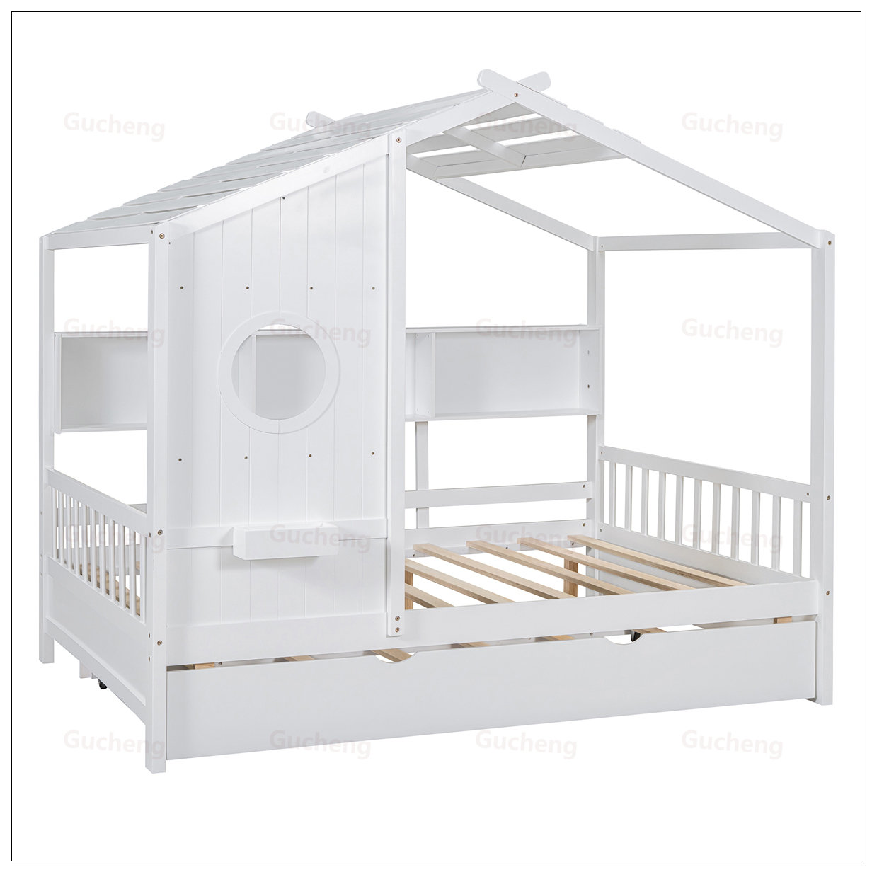 Ebern Designs Charming Wooden House Bed with Shelf and Trundle, Perfect ...
