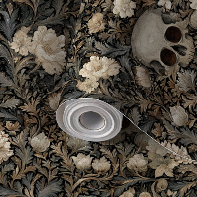 Papier peint adhésif peler et coller en PVC, revêtement mural auto-adhésif amovible avec motif de crâne botanique foncé, art floral antique, imperméable pour la décoration intérieure - rouleau