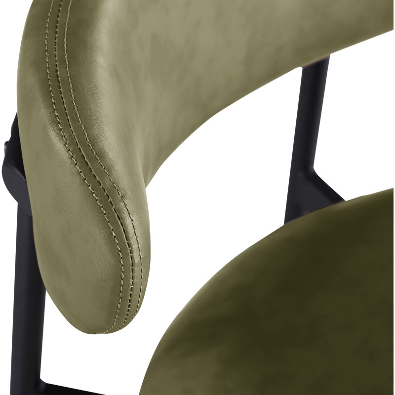 Tabouret de comptoir Lupita, Noir mat, Cuir olive végétalien