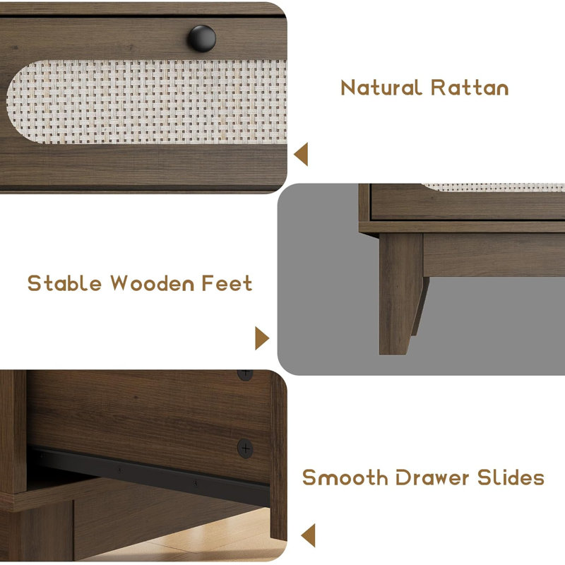 Commode 52,1 po en rotin - 6 tiroirs, station de charge, finition brune, Brun