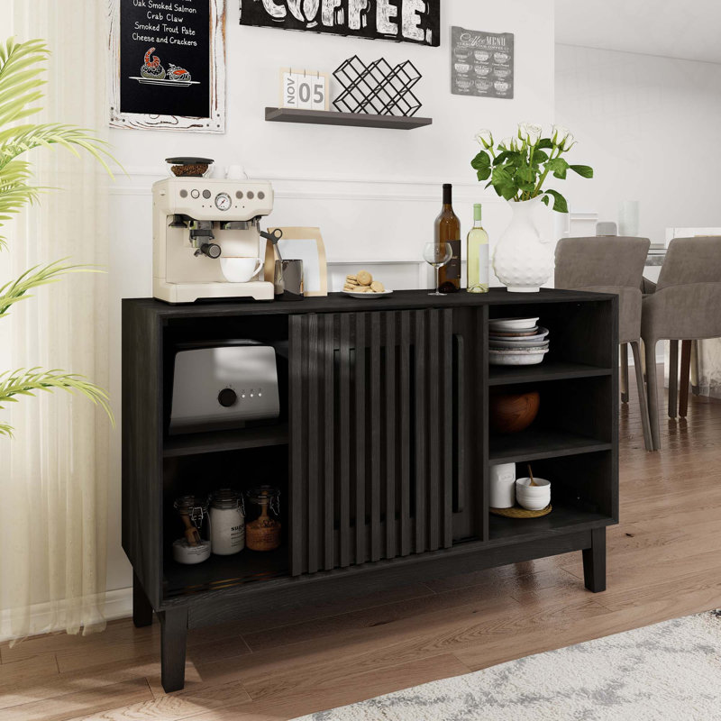 Buffet Farmhouse à cannelures avec rangement spacieux et trous de sortie pour la cuisine, Noir
