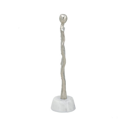 Sculpture abstraite humaine en aluminium sur base de marbre, décor moderne argent et blanc - H 12 po x l 3,5 po