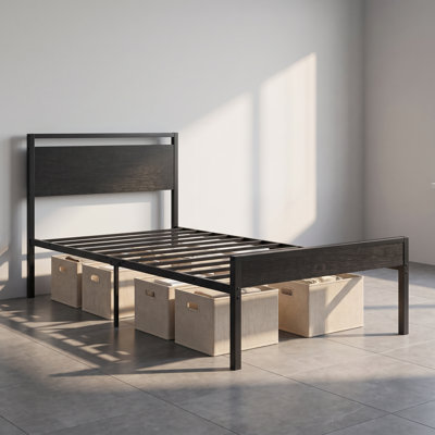 Twin Black Metal Platform Bed Frame with Solid Wood Headboard and Footboard, Underbed Storage