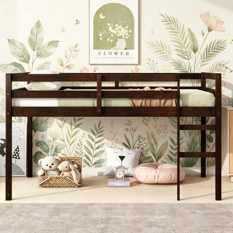 Base de lit mezzanine basse, plateforme de lit avec barrières de sécurité et échelle, lit en bois massif, aucun sommier requis, simple et double