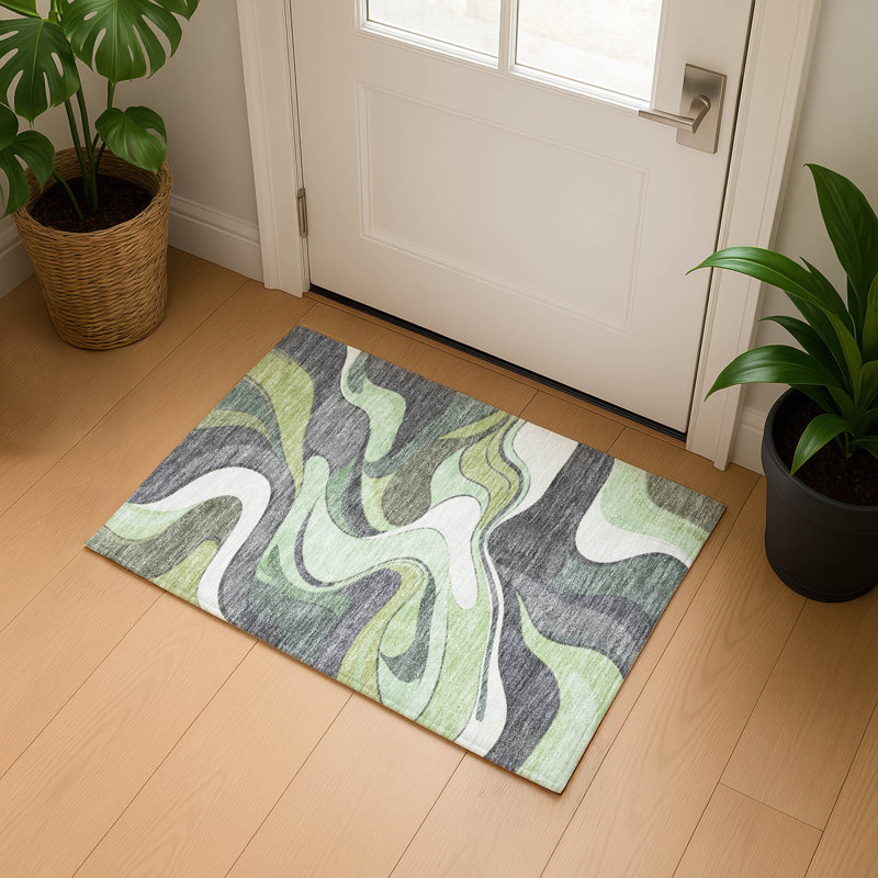 Premium Machine Washable Mayfield  swirls Rug, 1'8" x 2'6", Green