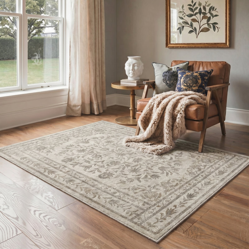 Tapis beige vintage à motif floral vieilli, lavable à la machine, antidérapant, idéal pour le salon ou la chambre.